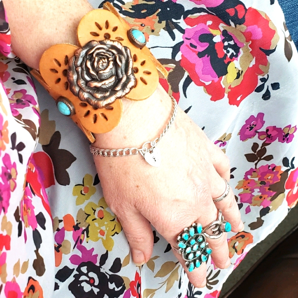 Southwestern Western Copper Rose Boho Leather Eyelet Bracelet Boho Rodeo